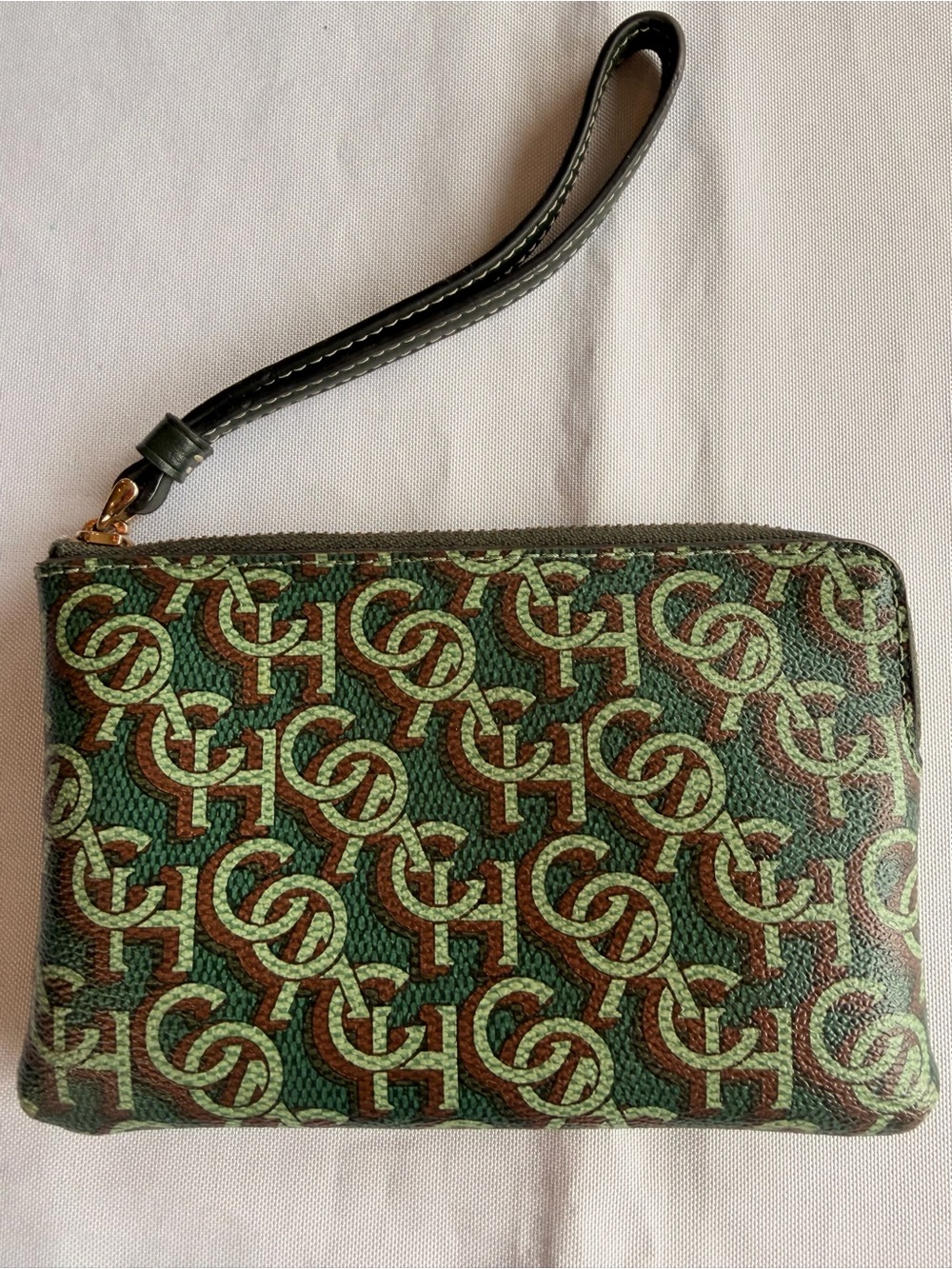 Coach Green Corner Zip Wristlet with Monogram Print No CF548